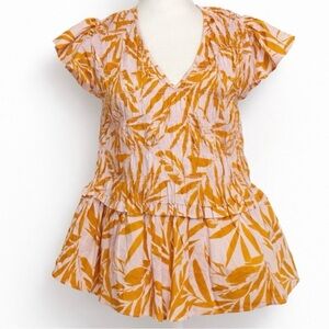 ON 34th Pink Orange Tropical Smocked Peplum Top Size L